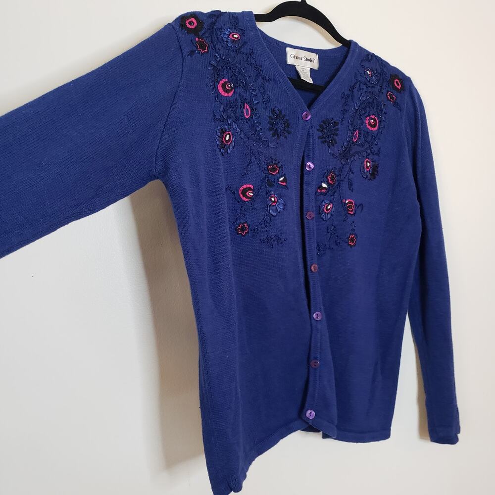 Vintage Ramie Cotton Cardigan Blue Floral Embellished Beads Embroidery Sz Medium